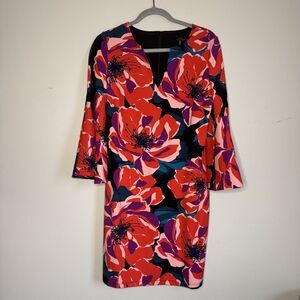 Trina Turk Floral Bell Sleeve V Neck Sheath Dress Small Red Black Pink Purple